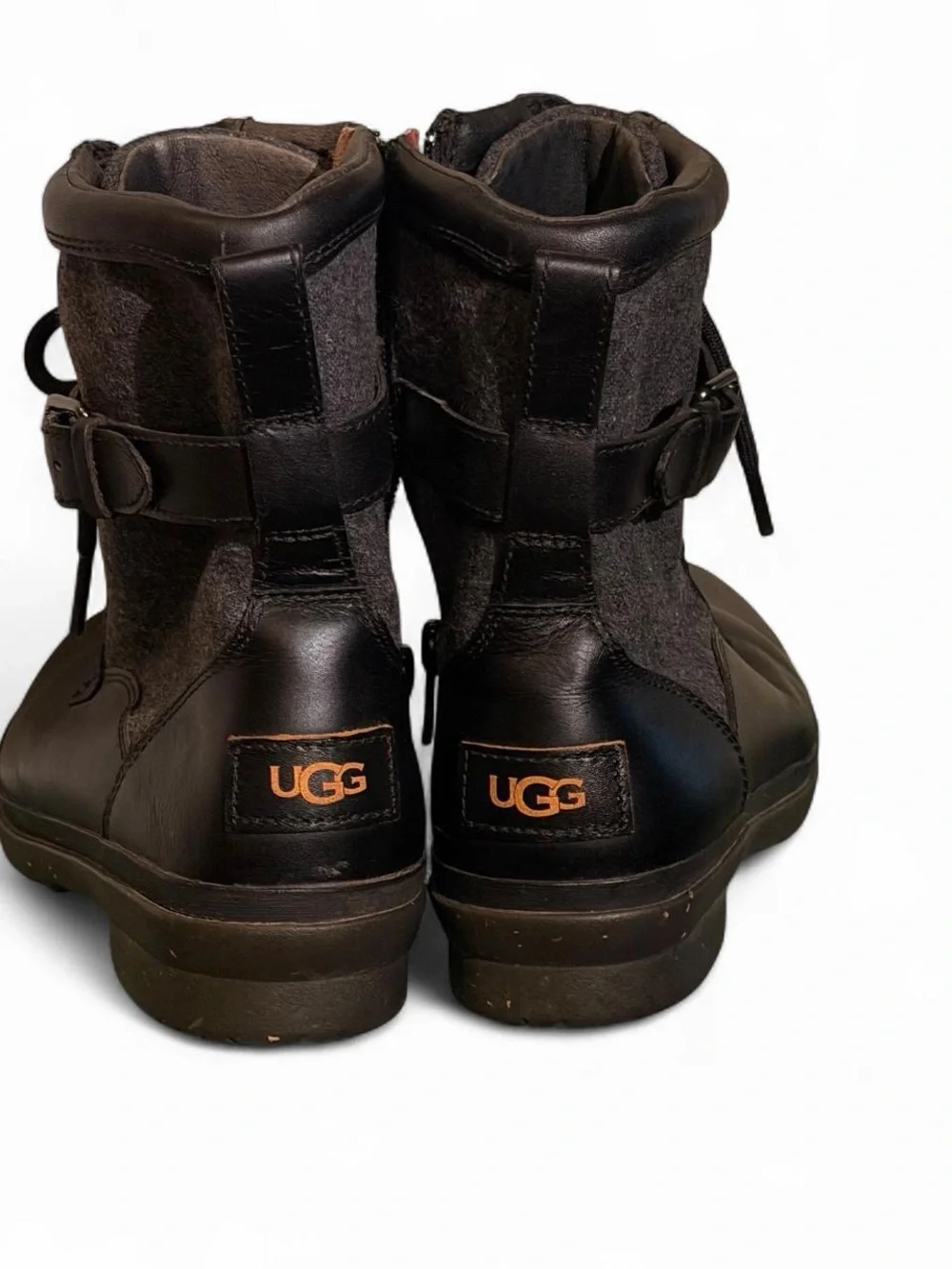 UGG Kesey Black Gray Waterproof Black Leather Gray Wool Boots Women’s Size 7.5